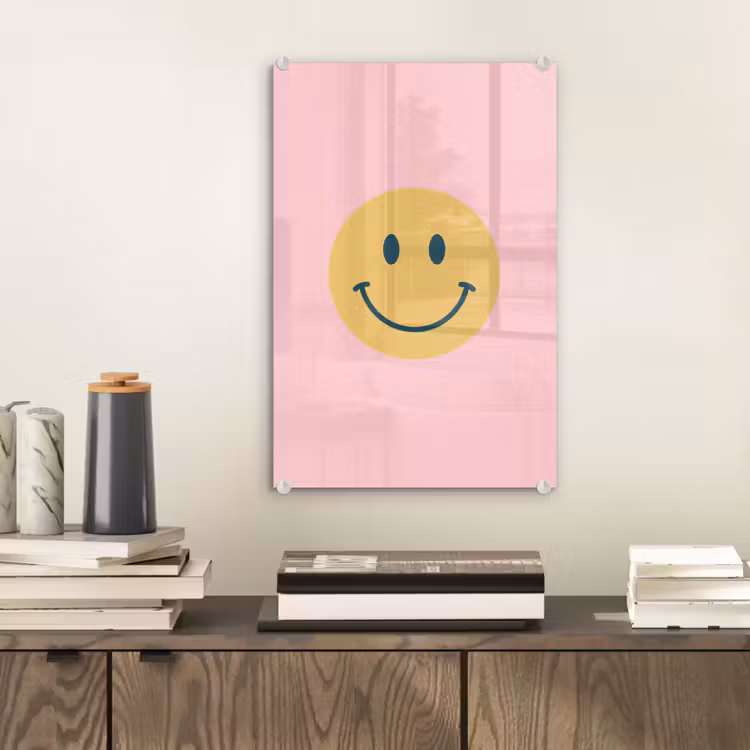 Glas schilderij - Smiley - Geel - Roze - Symbool - Minimalistisch — 2