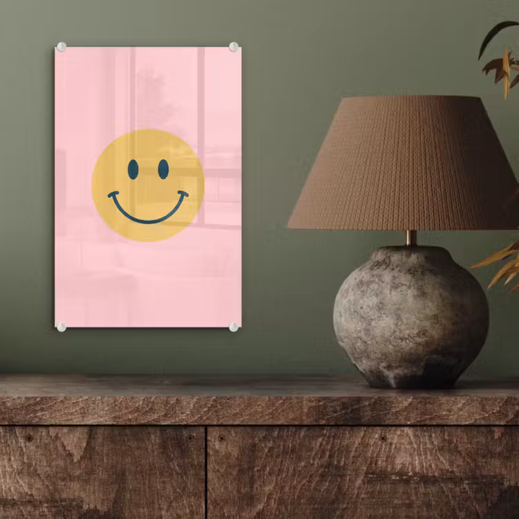 Glas schilderij - Smiley - Geel - Roze - Symbool - Minimalistisch — 4