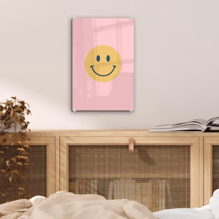 Glas schilderij - Smiley - Geel - Roze - Symbool - Minimalistisch — 5
