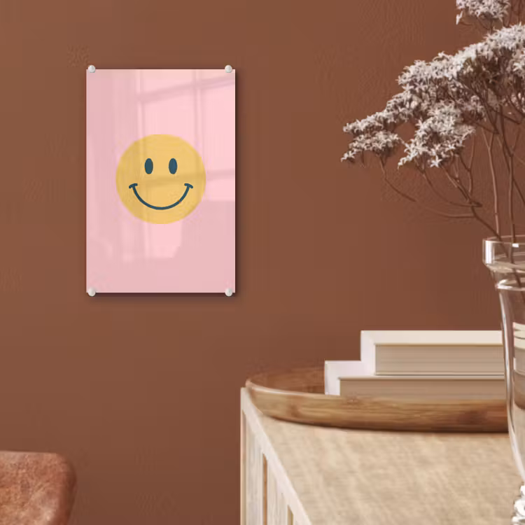 Glas schilderij - Smiley - Geel - Roze - Symbool - Minimalistisch — 6