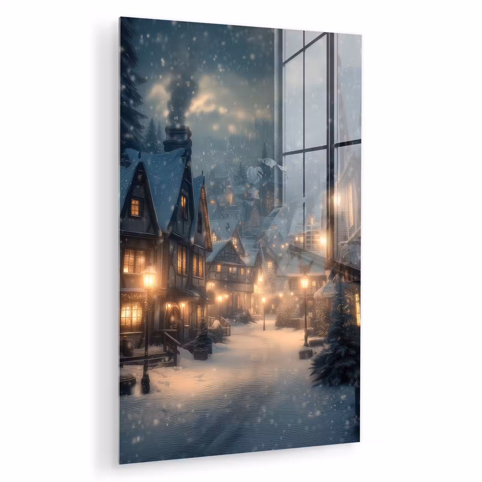 Glas schilderij - Winterdorp - Sneeuw - Donker — 1