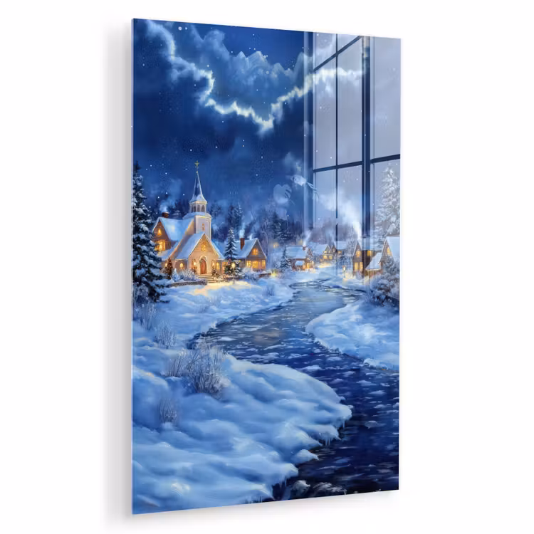Glas schilderij - Winteravond - Kerstdorp - Donker — 1