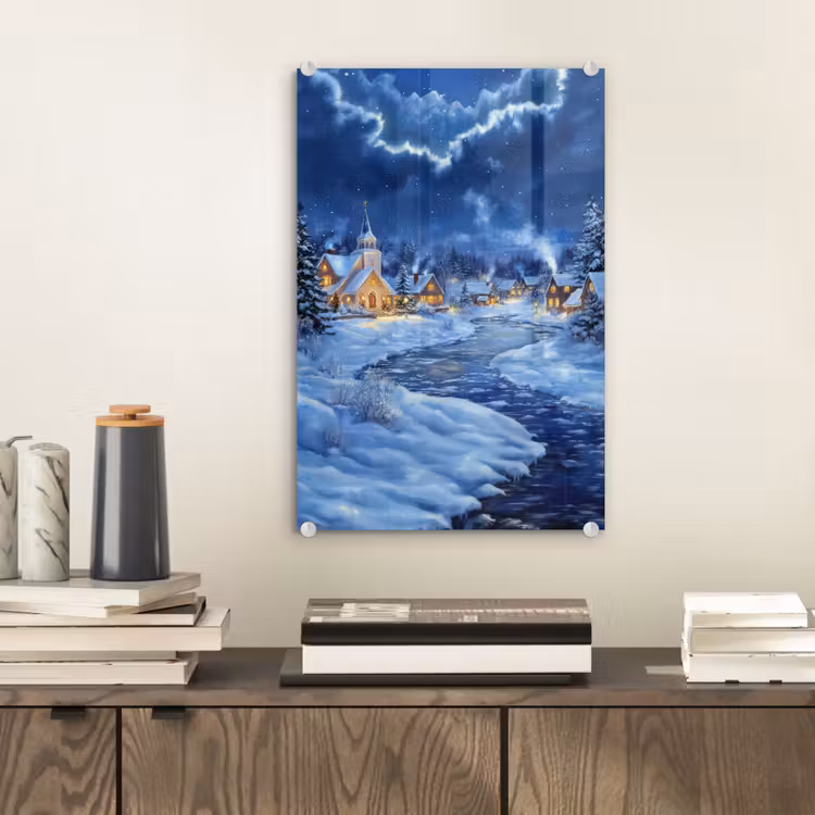 Glas schilderij - Winteravond - Kerstdorp - Donker — 2