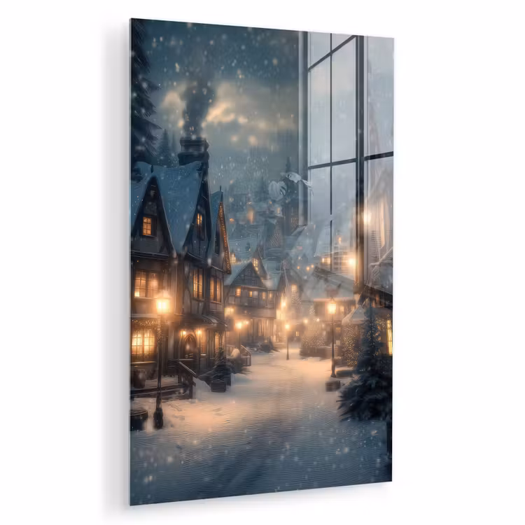 Glas schilderij - Winterdorp - Sneeuw - Donker — 1