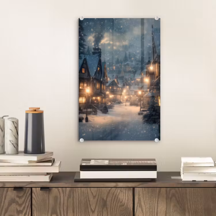Glas schilderij - Winterdorp - Sneeuw - Donker — 2