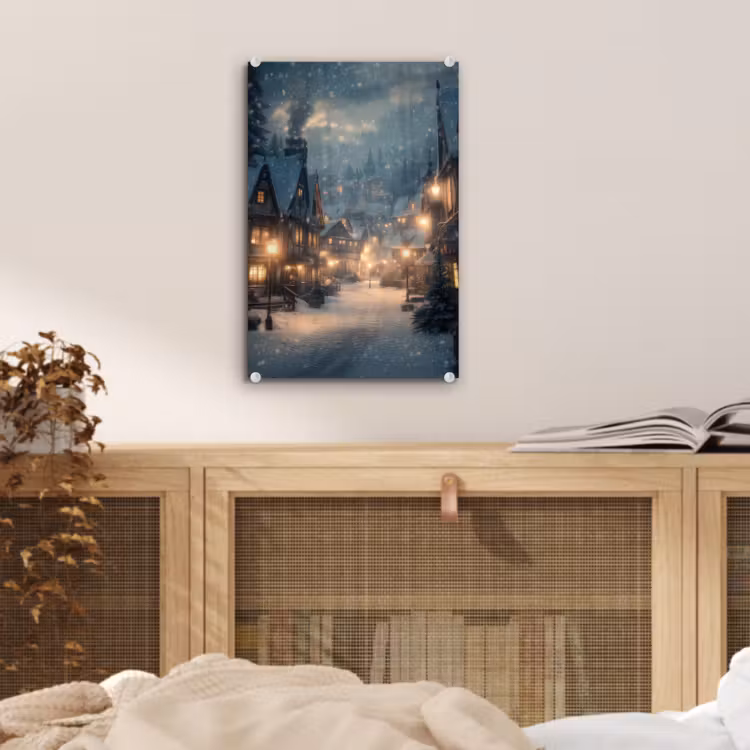 Glas schilderij - Winterdorp - Sneeuw - Donker — 5