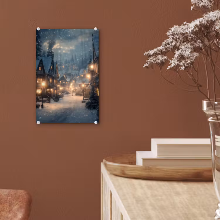 Glas schilderij - Winterdorp - Sneeuw - Donker — 6