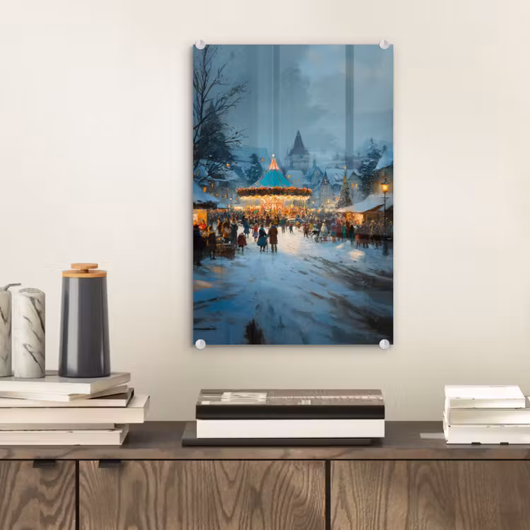 Glas schilderij - Winterkermis - Dorp - Kleurrijk — 2