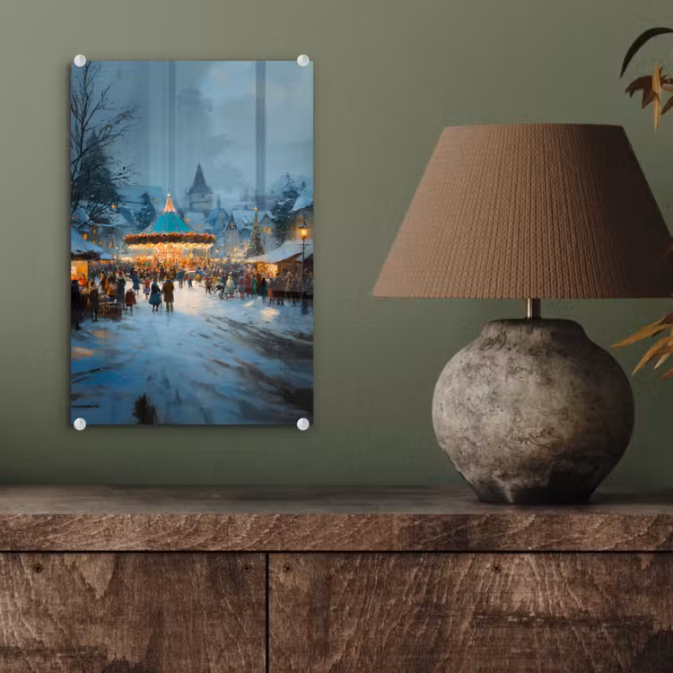 Glas schilderij - Winterkermis - Dorp - Kleurrijk — 4