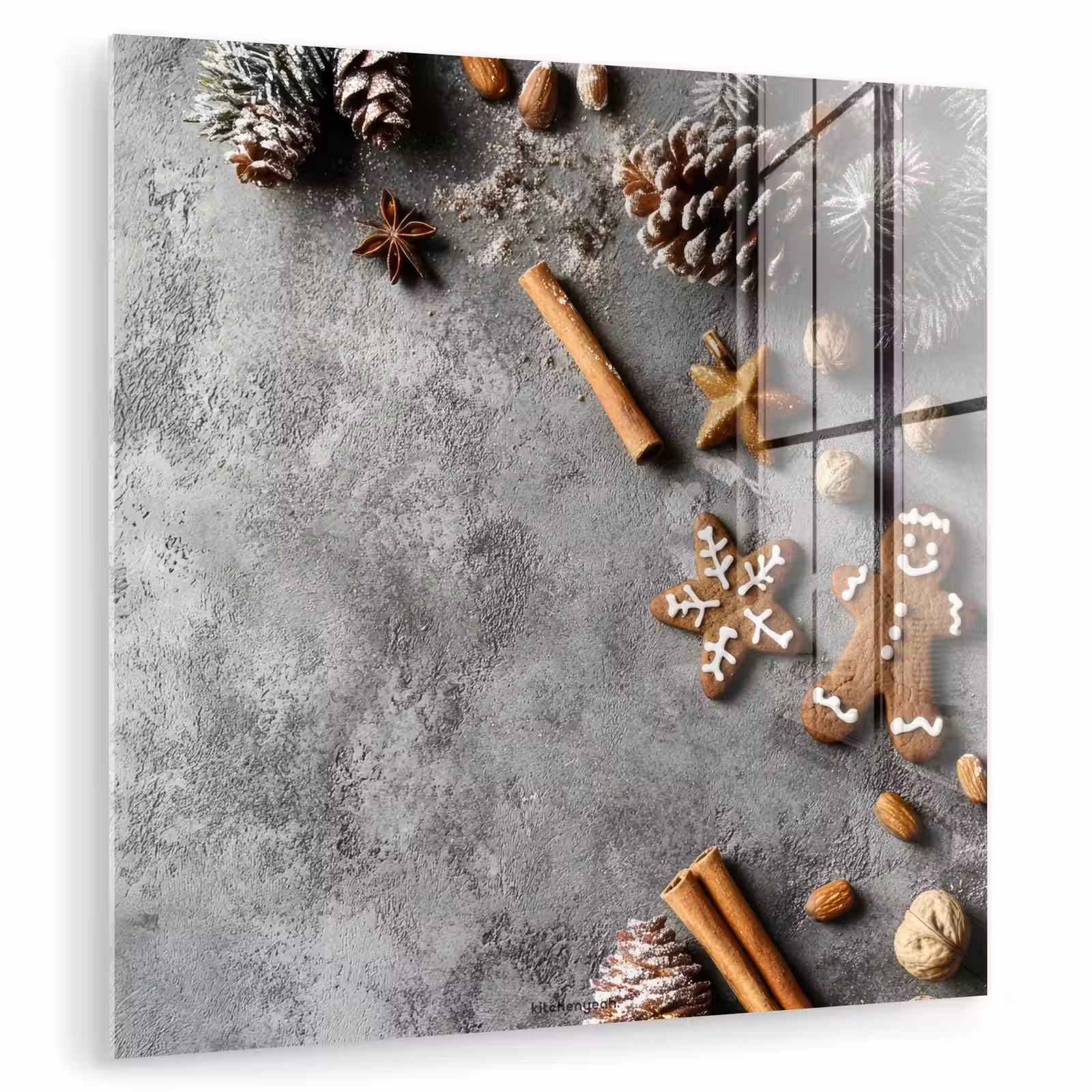 Glas schilderij - Winter - Kerst - Beton - Dennenappels — 1