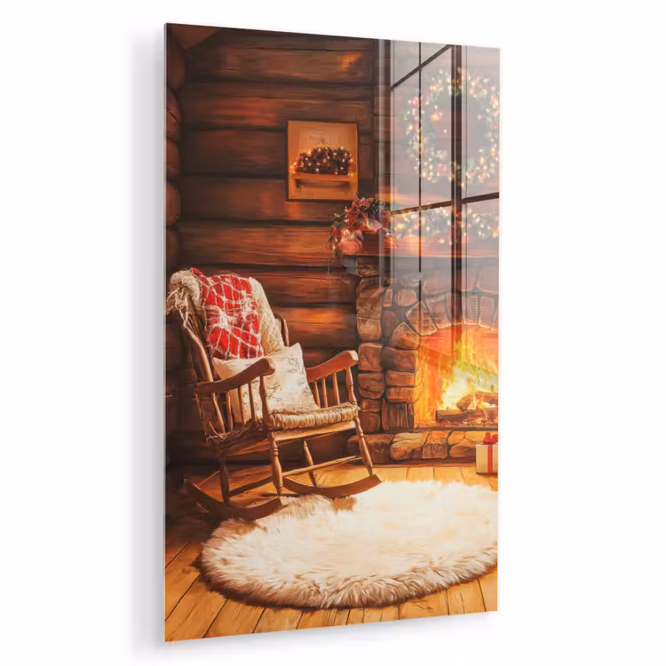 Glas schilderij - Winter - Kerst - Huis - Openhaard — 1