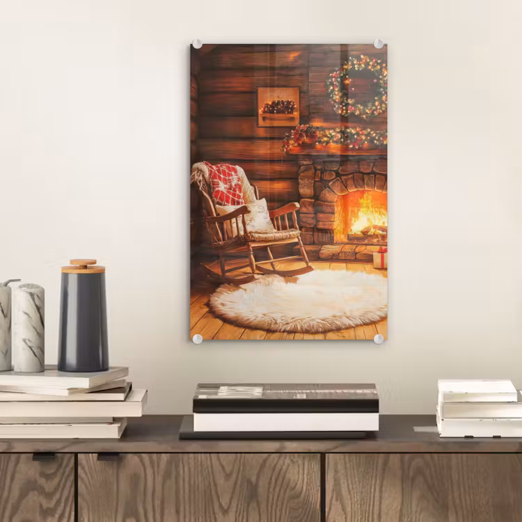 Glas schilderij - Winter - Kerst - Huis - Openhaard — 2