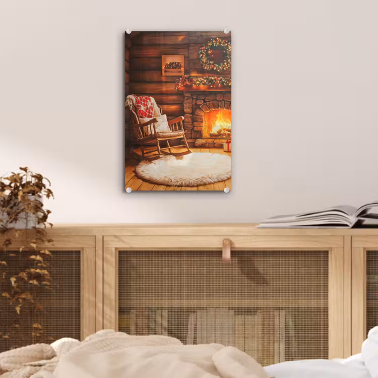 Glas schilderij - Winter - Kerst - Huis - Openhaard — 5