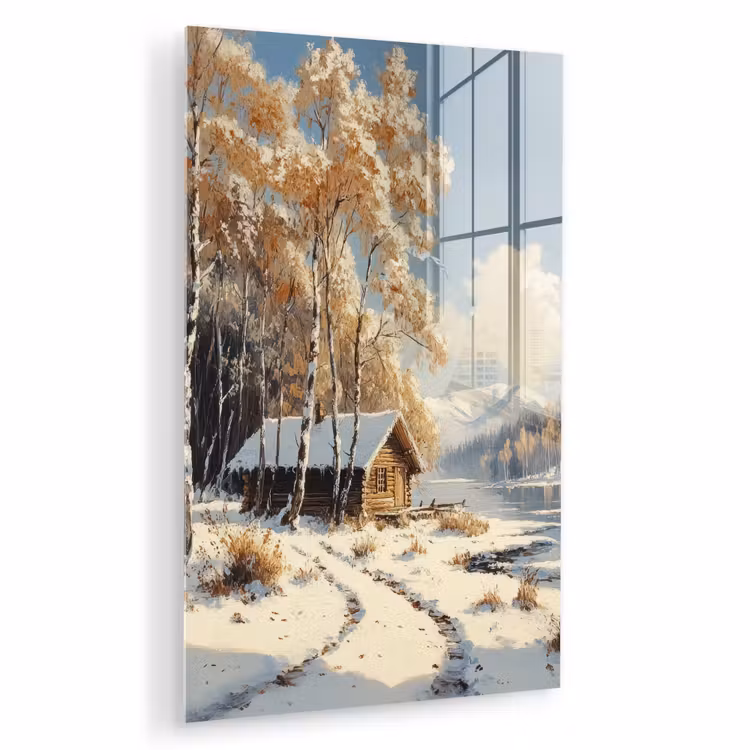 Glas schilderij - Winter - Sneeuw - Huis - Natuur — 1