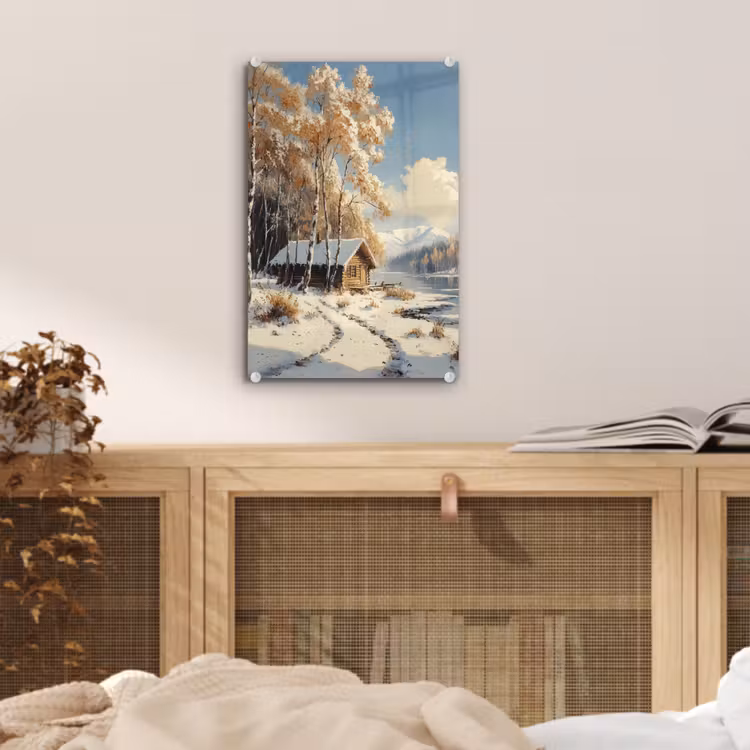 Glas schilderij - Winter - Sneeuw - Huis - Natuur — 5