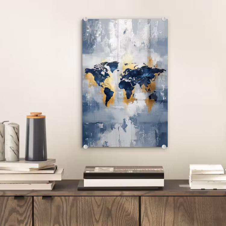 Glas schilderij - Wereldkaart - Blauw - Abstract — 2