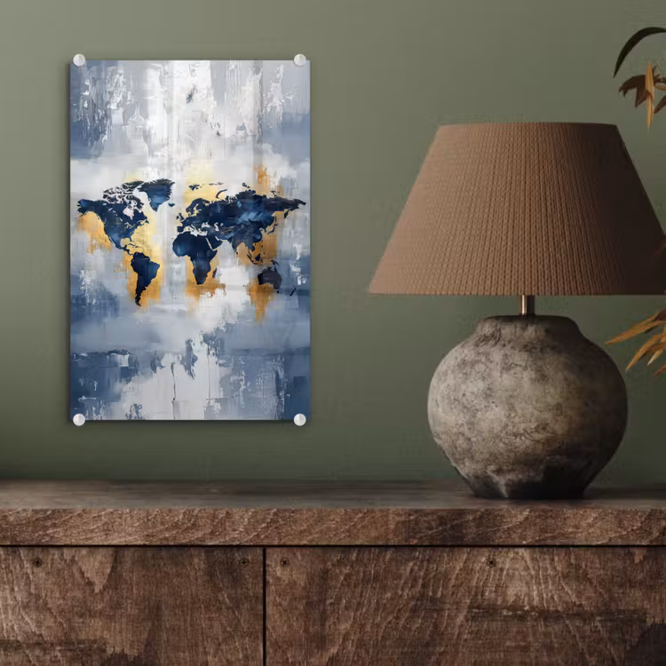 Glas schilderij - Wereldkaart - Blauw - Abstract — 4