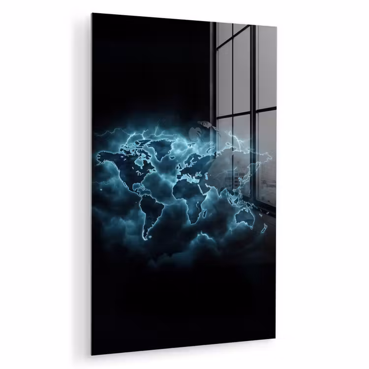 Glas schilderij - Wereldkaart - Bliksem - Blauw — 1