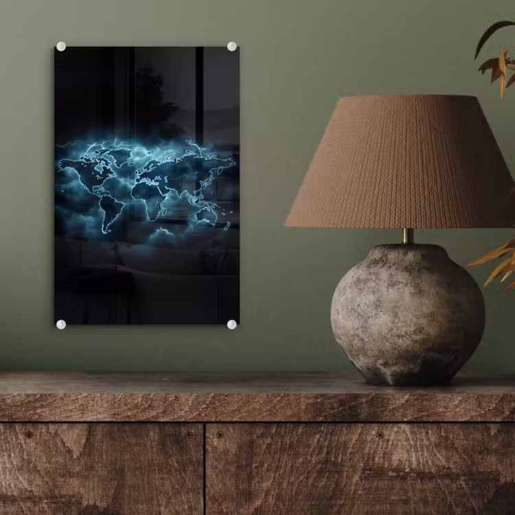 Glas schilderij - Wereldkaart - Bliksem - Blauw — 4