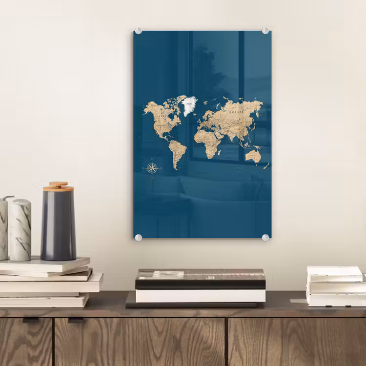 Glas schilderij - Wereldkaart - Donkerblauw - Beige — 2
