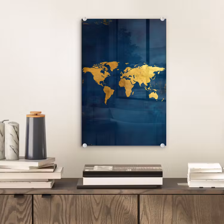 Glas schilderij - Wereldkaart - Goud - Donkerblauw — 2