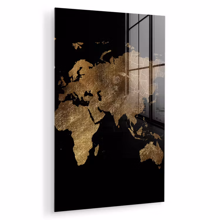 Glas schilderij - Wereldkaart - Goud - Luxe - Aarde - Zwart — 1