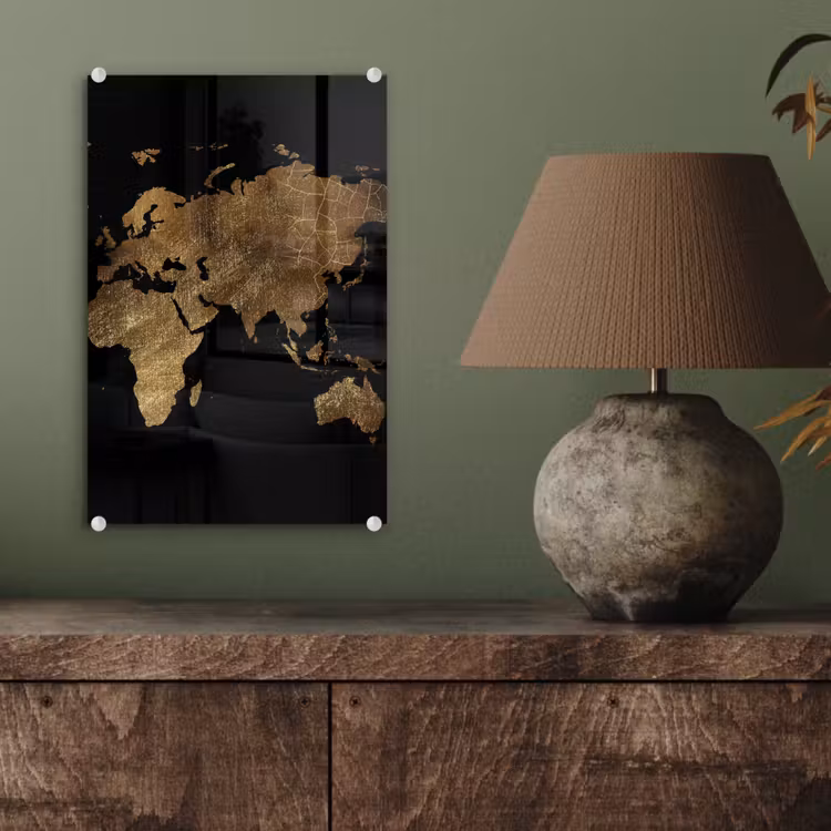 Glas schilderij - Wereldkaart - Goud - Luxe - Aarde - Zwart — 4