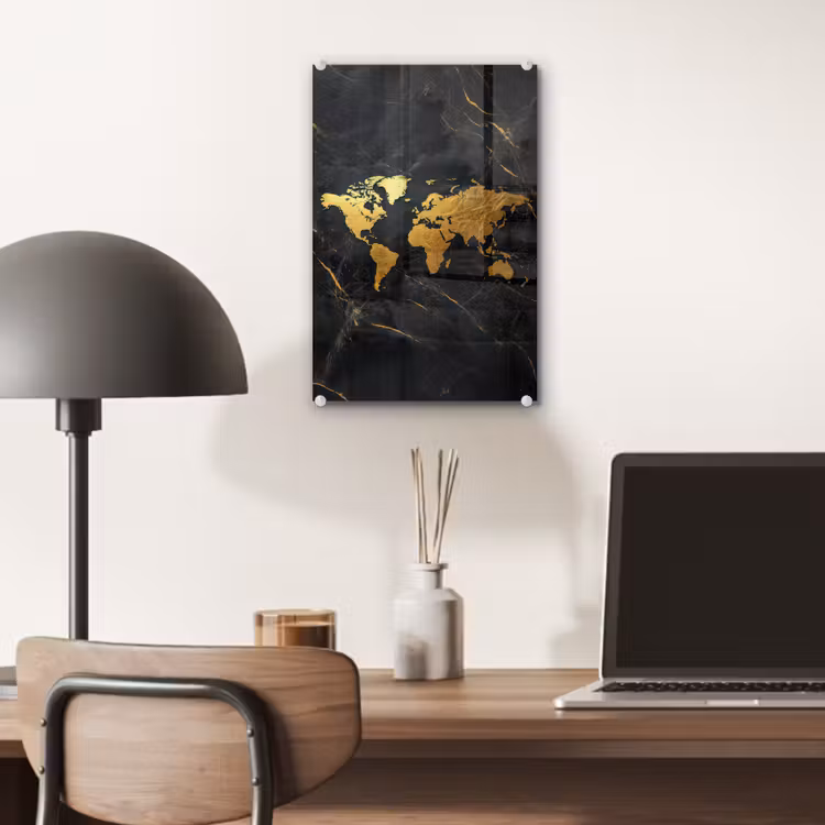 Glas schilderij - Wereldkaart - Goud - Marmer — 7