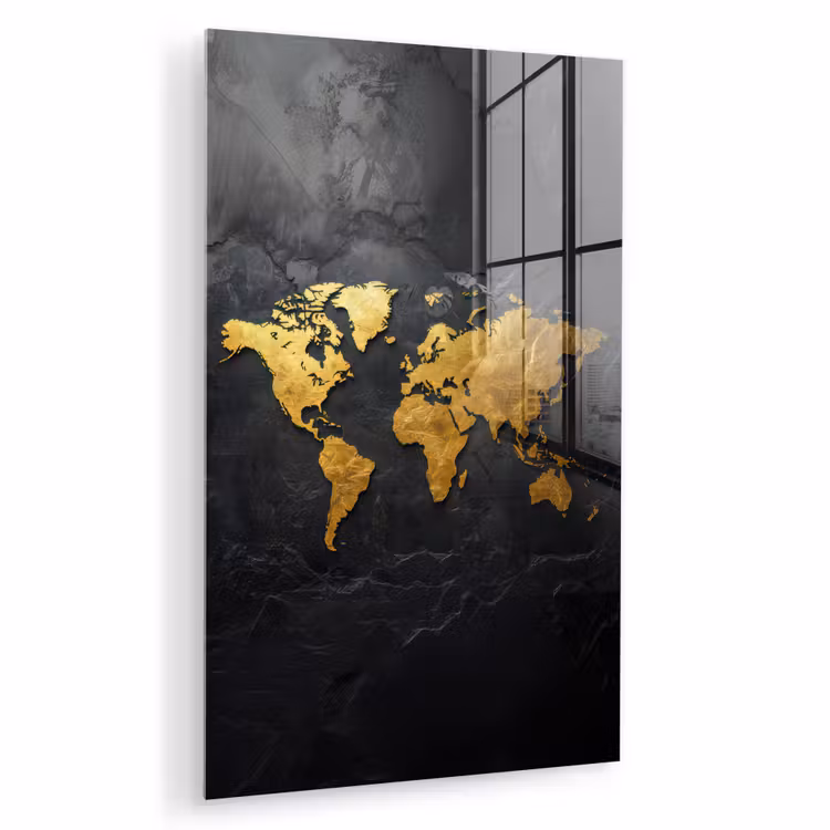 Glas schilderij - Wereldkaart - Goud - Steen — 1