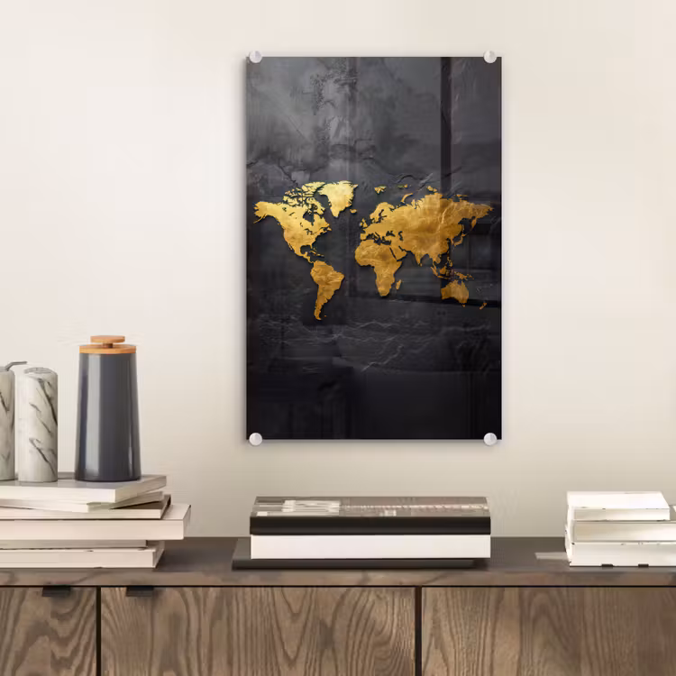 Glas schilderij - Wereldkaart - Goud - Steen — 2