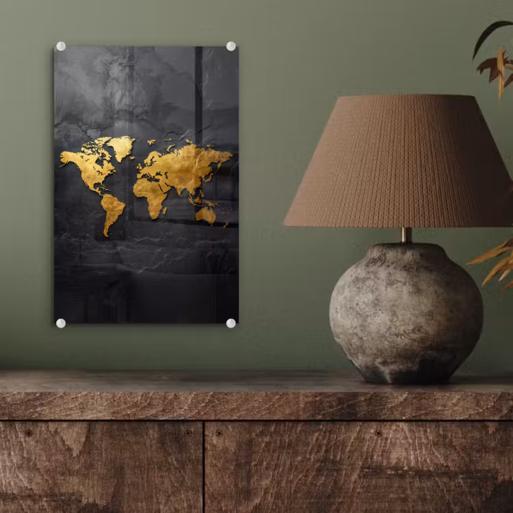 Glas schilderij - Wereldkaart - Goud - Steen — 4