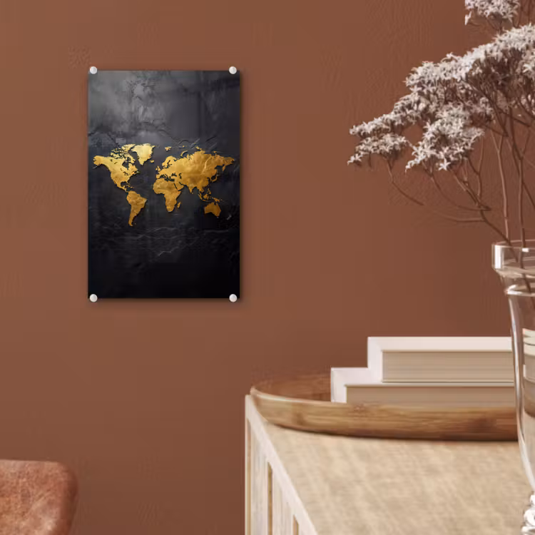 Glas schilderij - Wereldkaart - Goud - Steen — 6