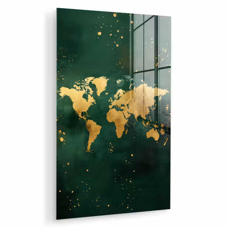 Glas schilderij - Wereldkaart - Groen - Goud — 1