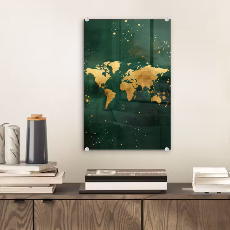Glas schilderij - Wereldkaart - Groen - Goud — 2