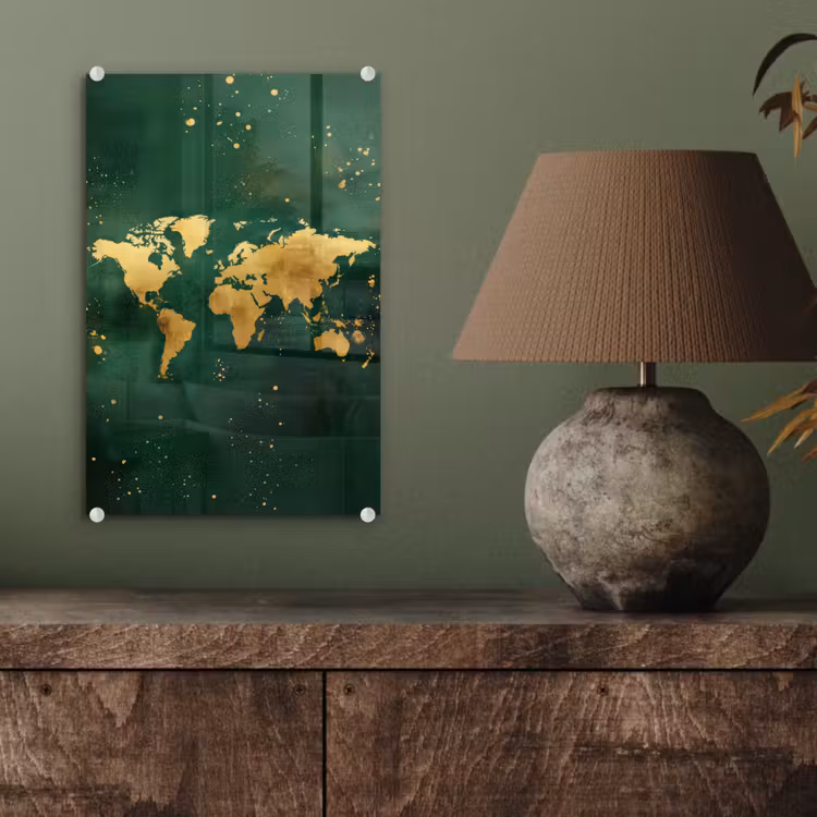 Glas schilderij - Wereldkaart - Groen - Goud — 4