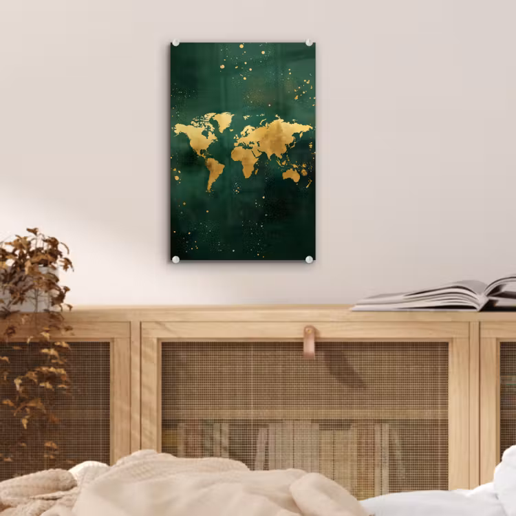 Glas schilderij - Wereldkaart - Groen - Goud — 5
