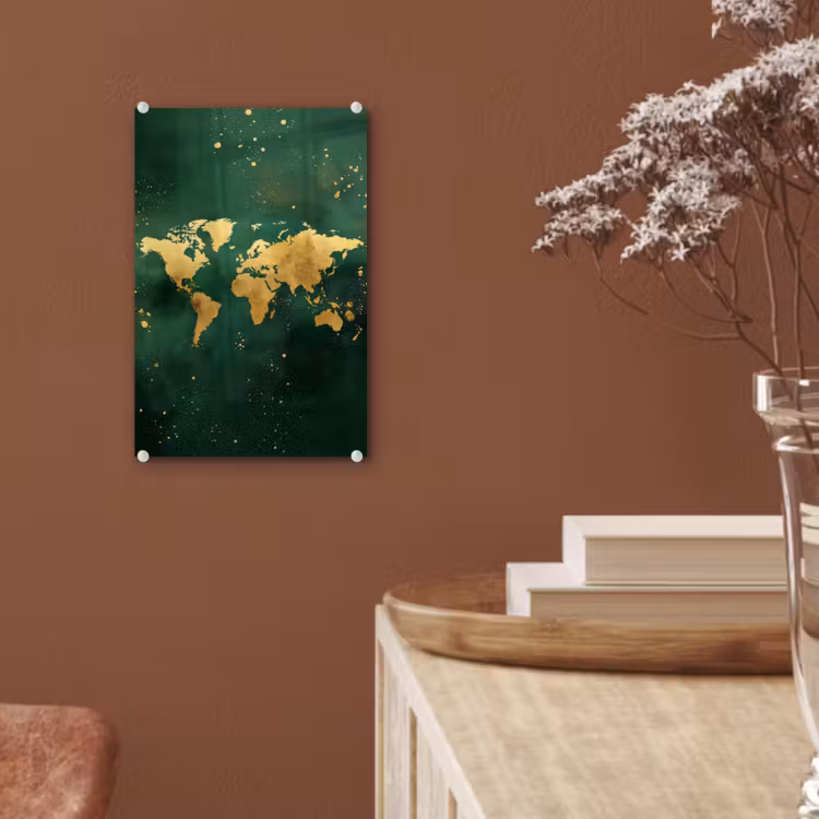 Glas schilderij - Wereldkaart - Groen - Goud — 6