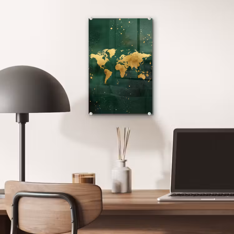 Glas schilderij - Wereldkaart - Groen - Goud — 7