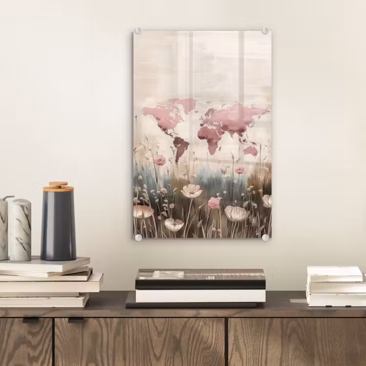 Glas schilderij - Wereldkaart - Roze - Bloemen — 2