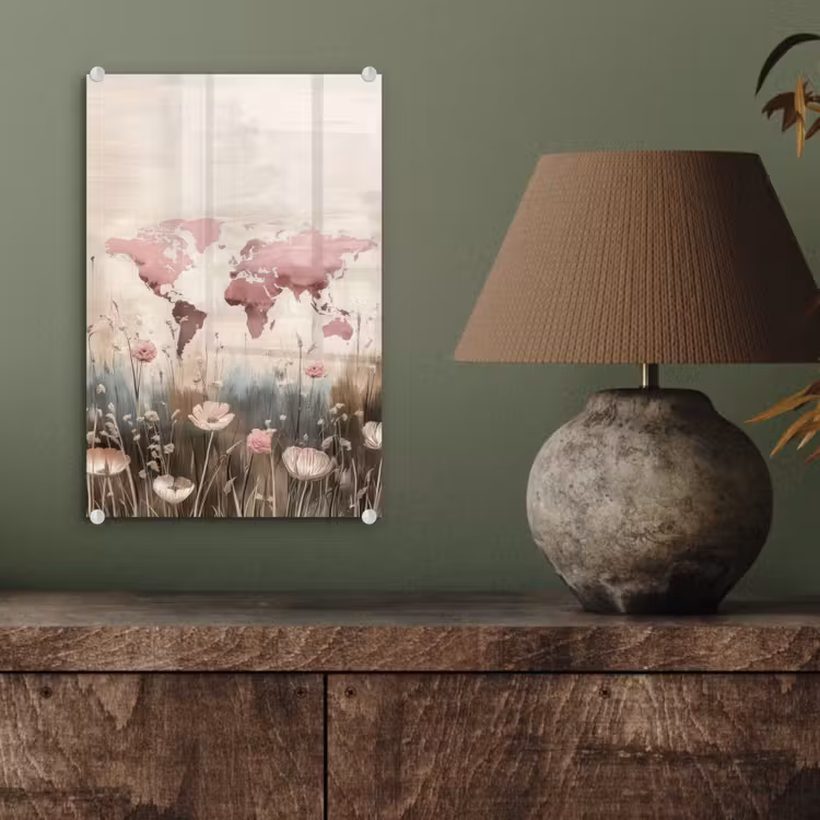Glas schilderij - Wereldkaart - Roze - Bloemen — 4