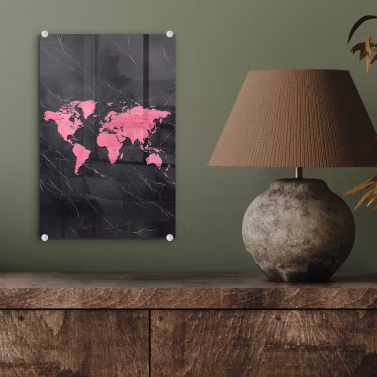 Glas schilderij - Wereldkaart - Roze - Marmer — 4