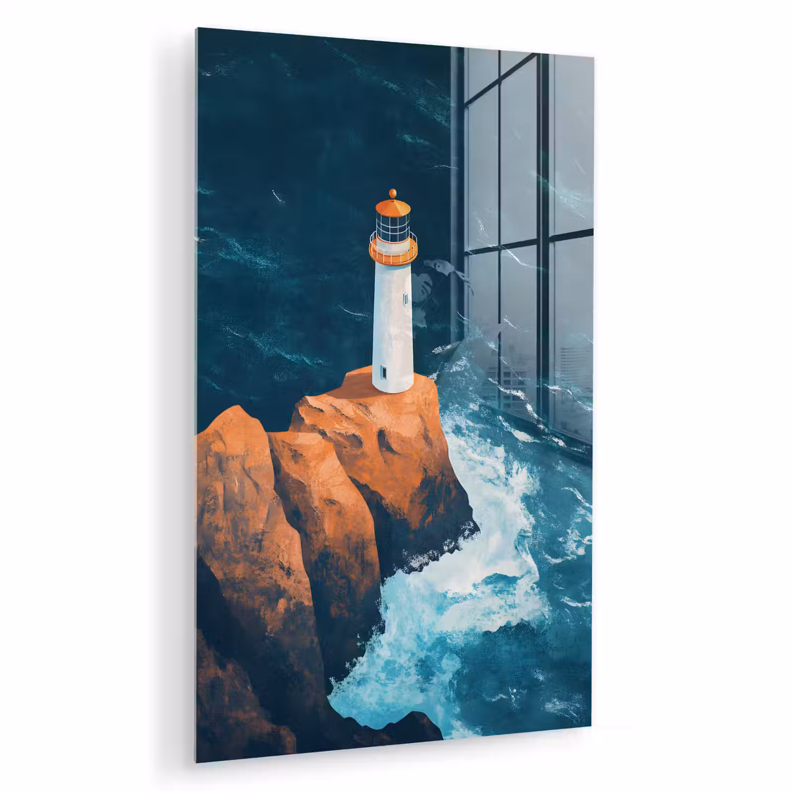 Glas schilderij - Vuurtoren - Rots - Zee - Golven — 1