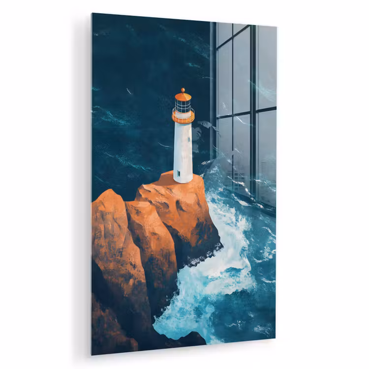 Glas schilderij - Vuurtoren - Rots - Zee - Golven — 1