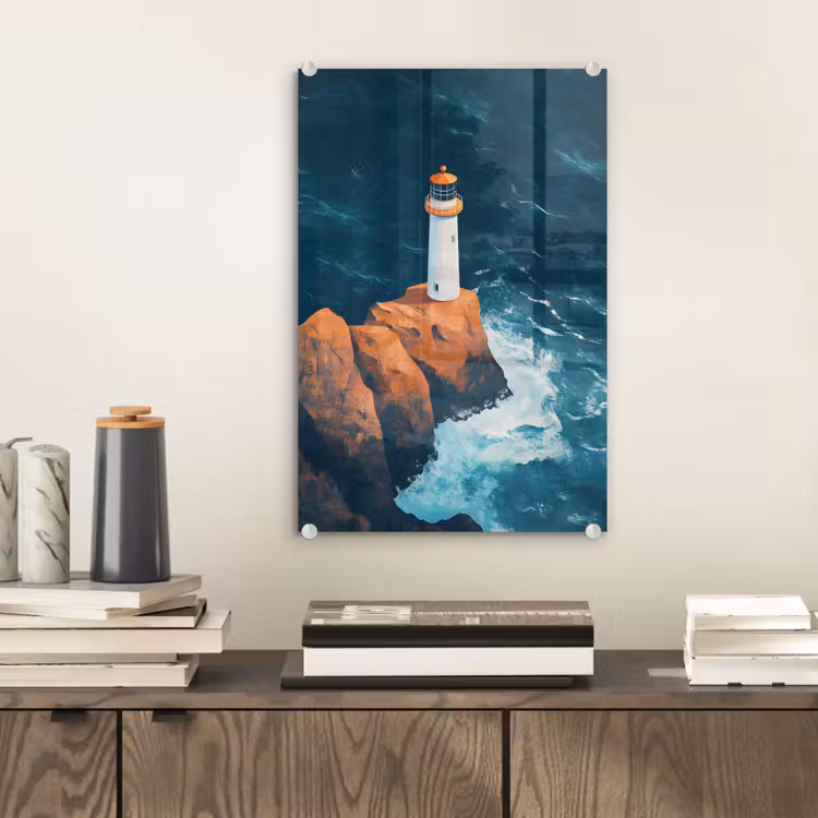 Glas schilderij - Vuurtoren - Rots - Zee - Golven — 2