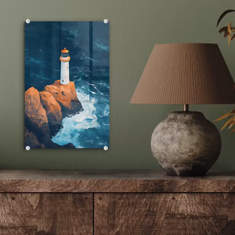Glas schilderij - Vuurtoren - Rots - Zee - Golven — 4