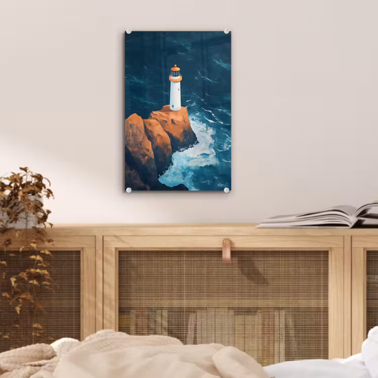 Glas schilderij - Vuurtoren - Rots - Zee - Golven — 5