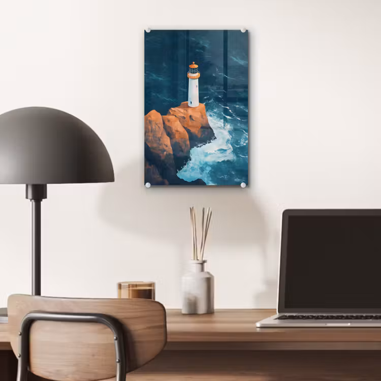 Glas schilderij - Vuurtoren - Rots - Zee - Golven — 7