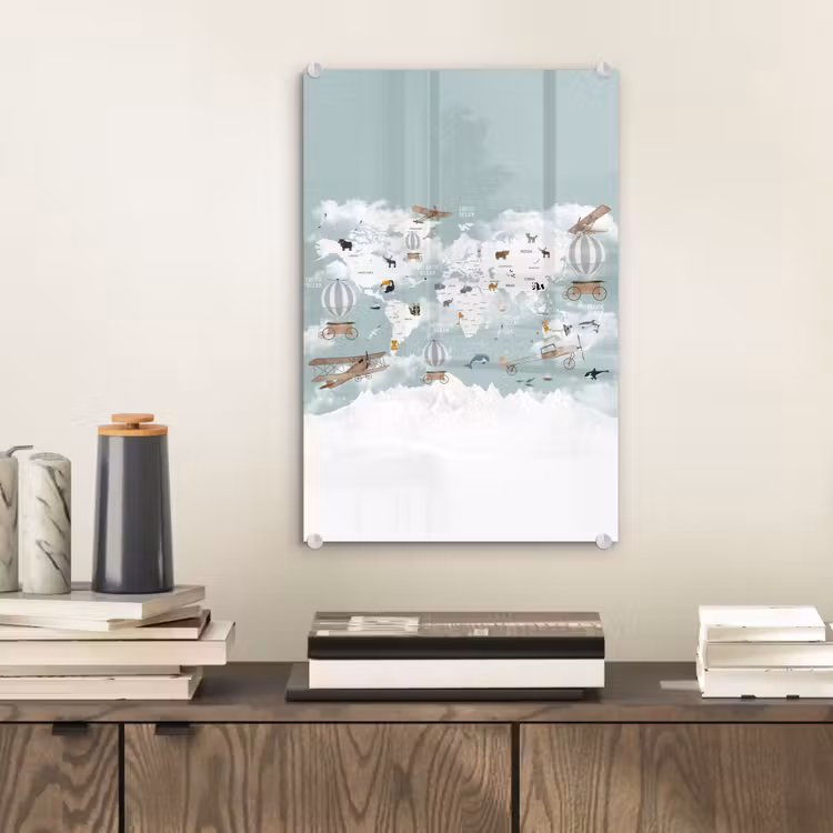 Glas schilderij - Wereldkaart - Kind - Vliegtuig — 2