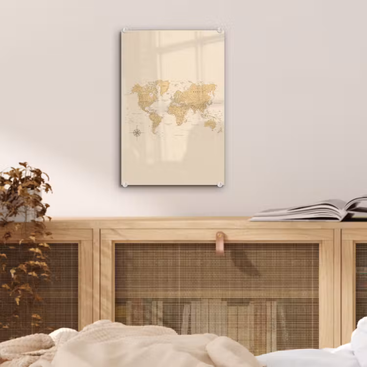 Glas schilderij - Wereldkaart - Realistisch - Beige — 5