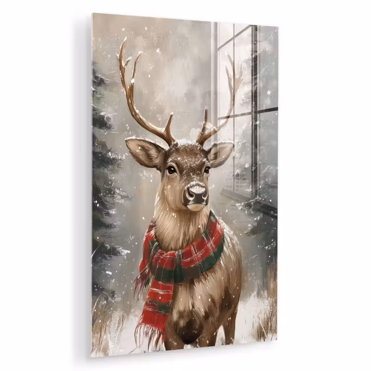 Glas schilderij - Winter - Bos - Rendier - Donker — 1